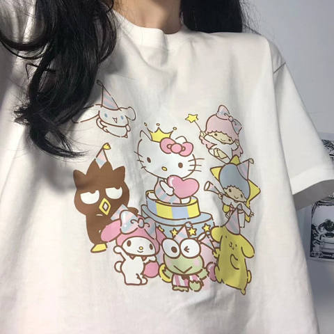 Japanese cartoon print short-sleeved T-shirt for women  summer clothing versatile loose girl trendy cute half-sleeved tops ins