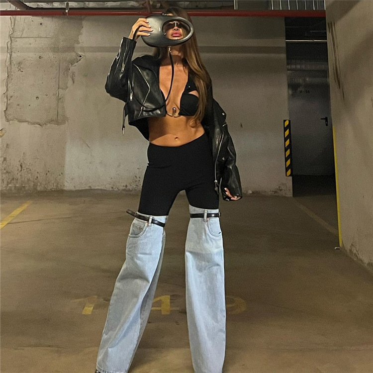 Design Sense American Style Stitching Jeans 2023 Spring New High Waist Straight Wide Leg High Distinctive Chic Pants for Women