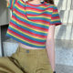 Super Popular cec Loose Rainbow Striped Short-sleeved T-shirt Women's Instagram Popular 2021 New Summer Short Short-sleeved T-shirt Top