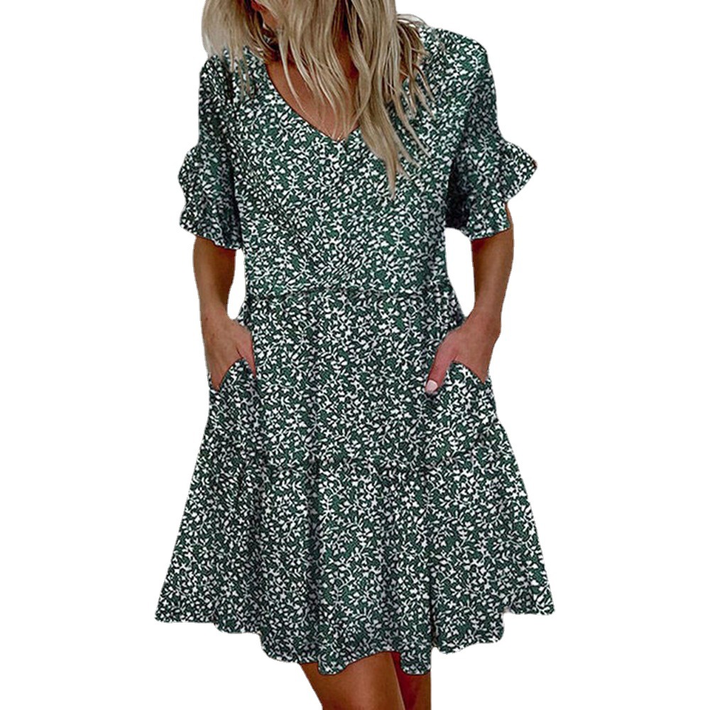 Cross-border Amazon European and American Women's 2023 Spring New Dress Fashion Sweet V-neck Printed Large Swing Dress