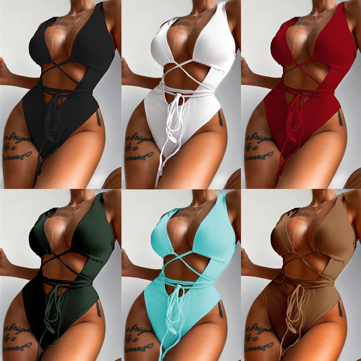 2022 foreign trade new AliExpress one-piece bikini bikini solid color hollow strap one-piece swimsuit B582Q