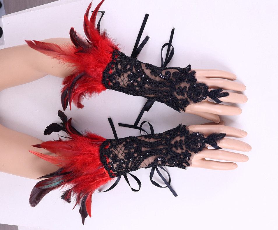  Cross-border Halloween Feather Hook Gloves Party Ball Black Lace Bracelet Sleeve Accessories_voghion.com