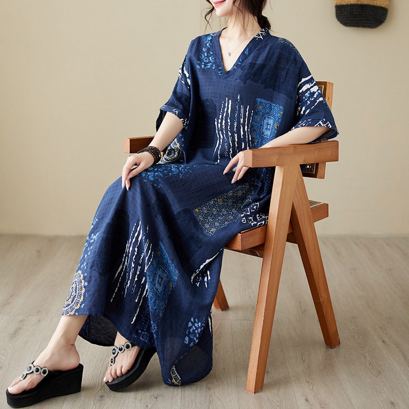 Real Shot 2024 Summer Thin Cotton and Linen Large Size Artistic Retro Loose Vacation V-Neck Beach Dress for Women