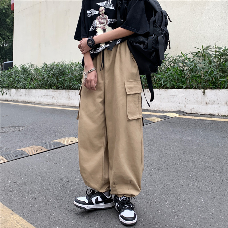 Japanese Style Retro Pants Men's Solid Color Wide-Leg Washed Cotton Overalls Trendy Brand Straight Loose Casual Pants for Men and Women