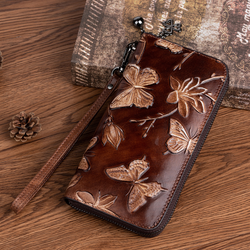 2023 new first layer cowhide handbag Women's Chinese style embossed brushed long wallet fashion retro clutch