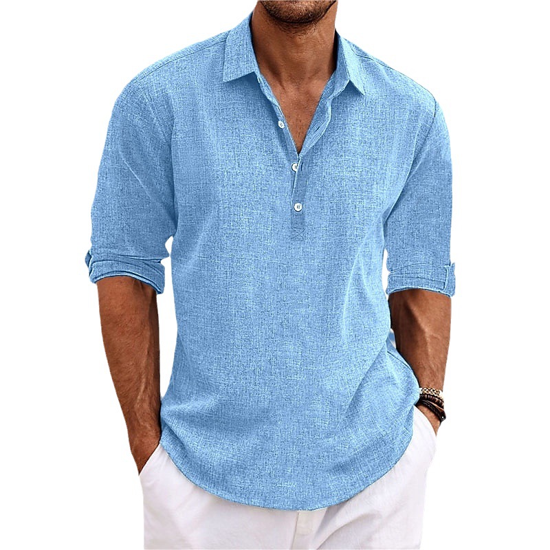 2023 Amazon ebay Foreign Trade New Men's Large Size Solid Color Shirt Linen Lapel Long Sleeve Casual Shirt for Men