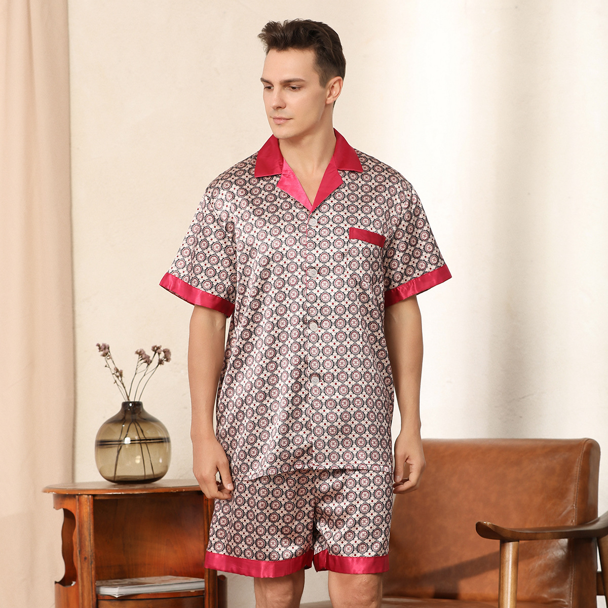 Cross-border European Size Men's Summer Printed Short-sleeved Shorts Pajamas Men's Summer Silk Home Clothes Men's Suit Ice Silk