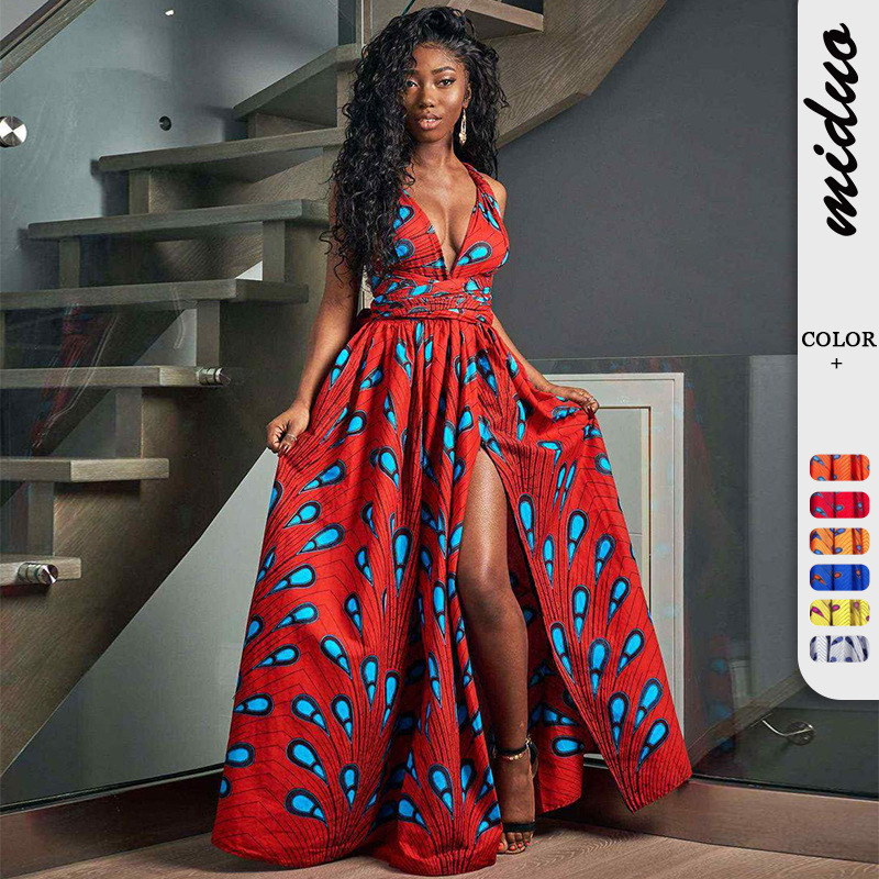 European and American Explosions Feather Printing Lace-up Multi-wear African Dress Ethnic Style Women's Sexy Split Long Dress