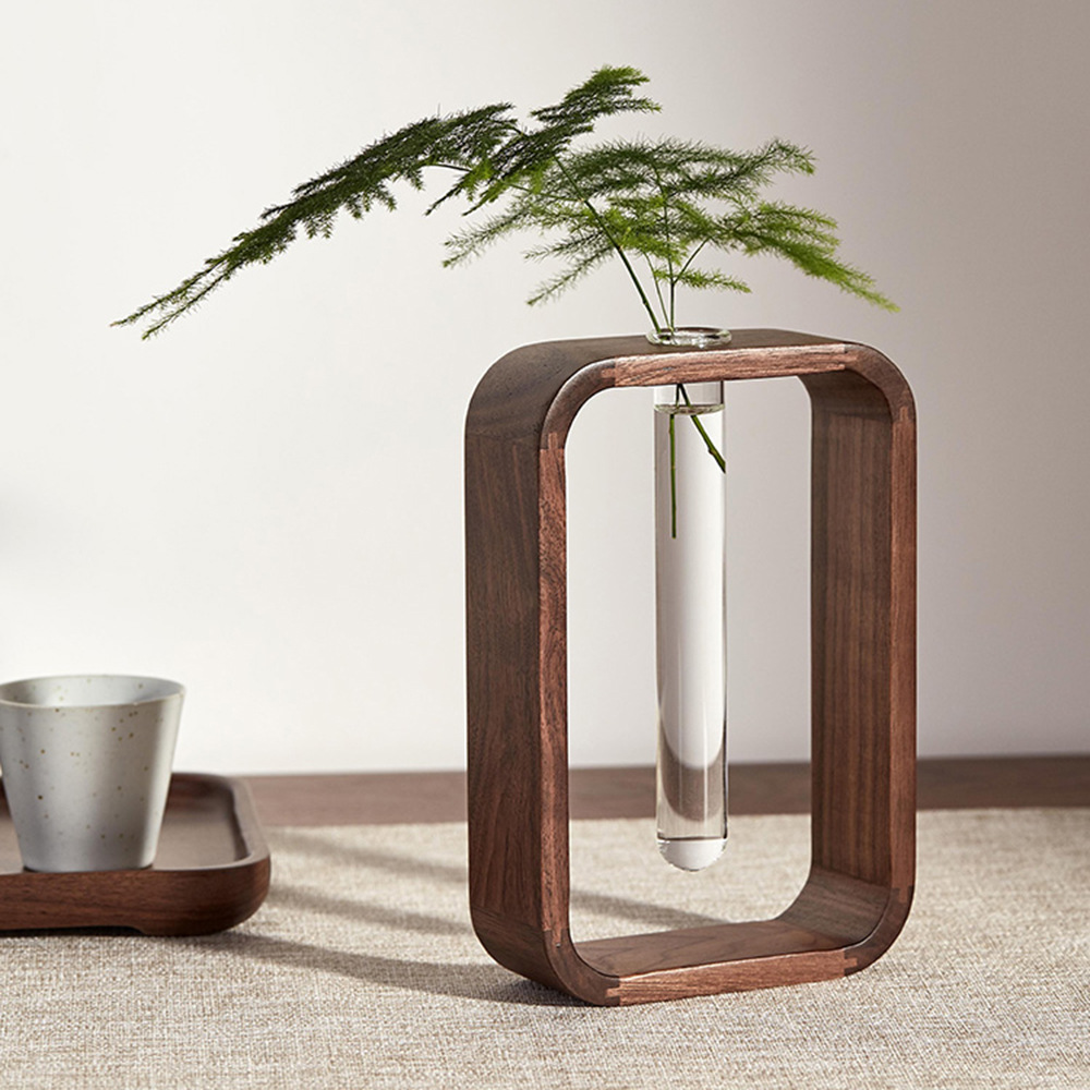 Solid Wood Test Tube Vase Living Room Transparent Glass Desktop Ornaments Black Walnut Wood Rich Bamboo Green Rose Hydroponic Flower Set