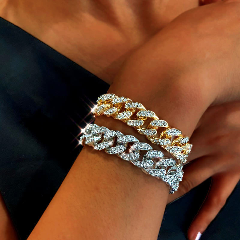 European and American Thick Chain Bracelet ins Style Internet Celebrity Same Style Wide Edition Flash Diamond Bracelet Street Fashion Cool Didi Bouncing Accessories