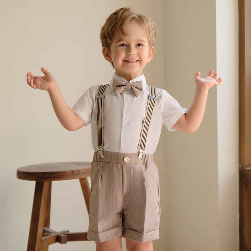 Children's Suit Boy's Strap Long Shorts Vest Shirt Suit Set Kindergarten Activities Birthday Flower Children's Dress
