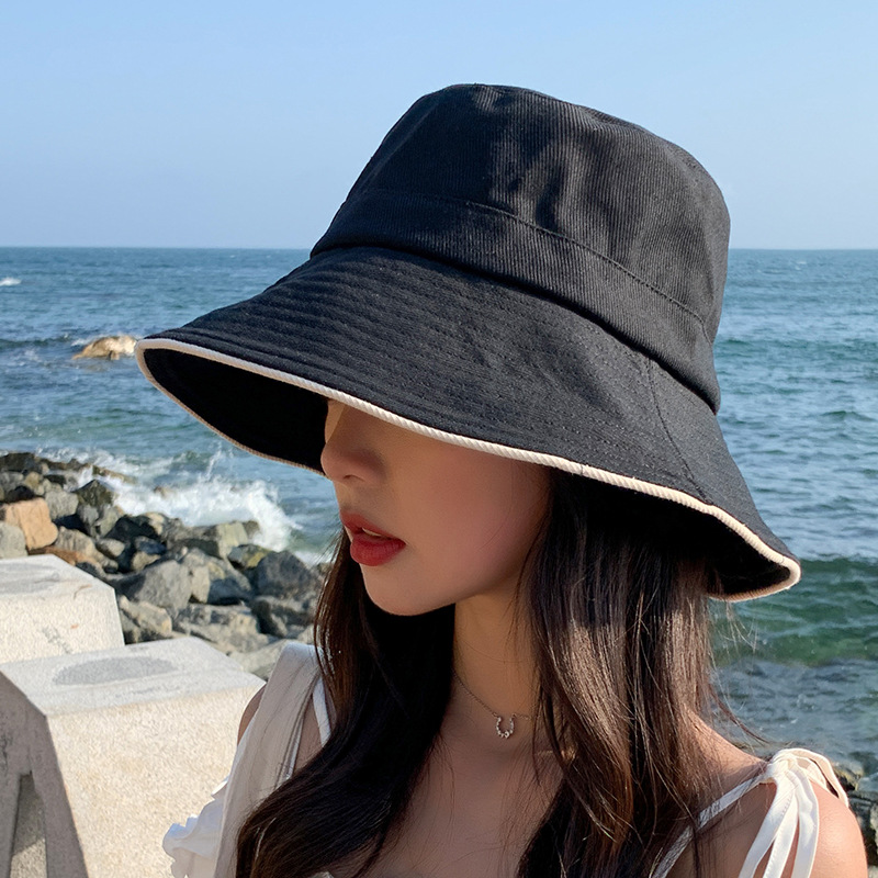 簡約時尚拼色漁夫帽新款夏季女遮陽防曬太陽帽棉帽子韓版百搭盆帽