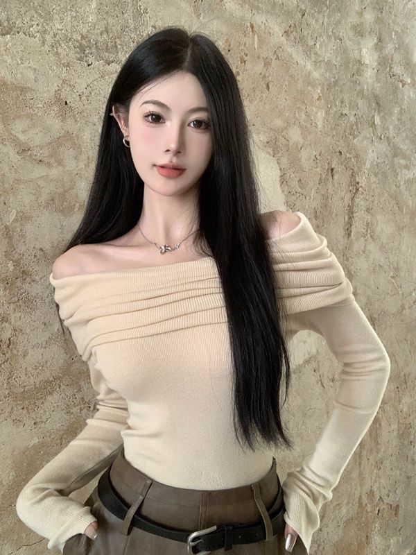 Lazy style one-shoulder clavicle knitted sweater spring gentle style slim slim long-sleeved bottoming shirt top