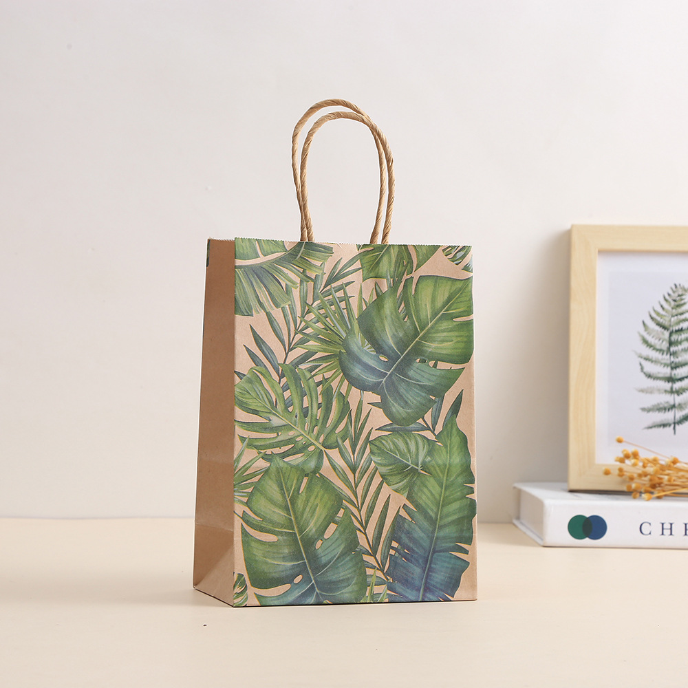 New Kraft paper bag green plant printing portable paper bag Mori party gift bag catering clothing packing bag