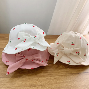 Baby Girl Cherry Hat Bow Basin Hat Girl 1-3 Years Old New Fisherman Hat Lady Spring and Autumn Wind-proof Hat