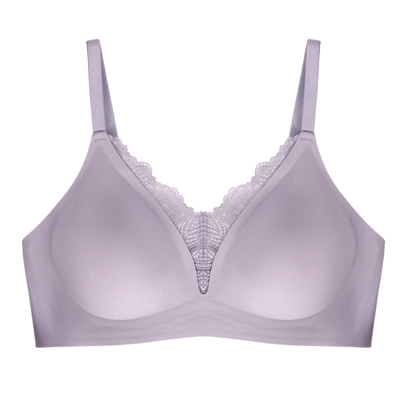 French Style 5A Antibacterial Thin Shoulder Strap Jelly Seamless Lace Underwear Push-up Small Chest Women's Semi-fixed Cup Bra Soft Support