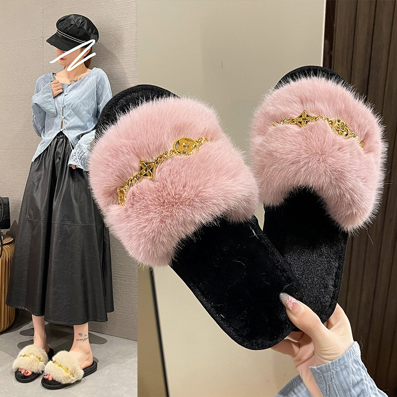 New Metal Chain Mao Mao Slippers Women's Fashion Flat Heel Slippers Home Big Fur Slippers Autumn and Winter Cross-Border