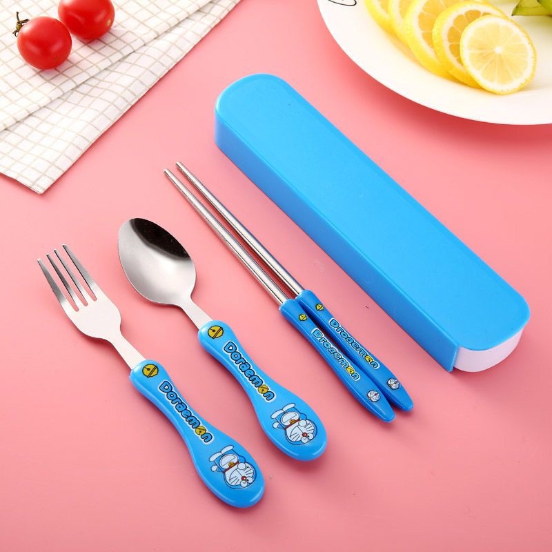 Three-piece portable stainless steel children's cartoon spoon and fork chopsticks travel cute drop-resistant tableware