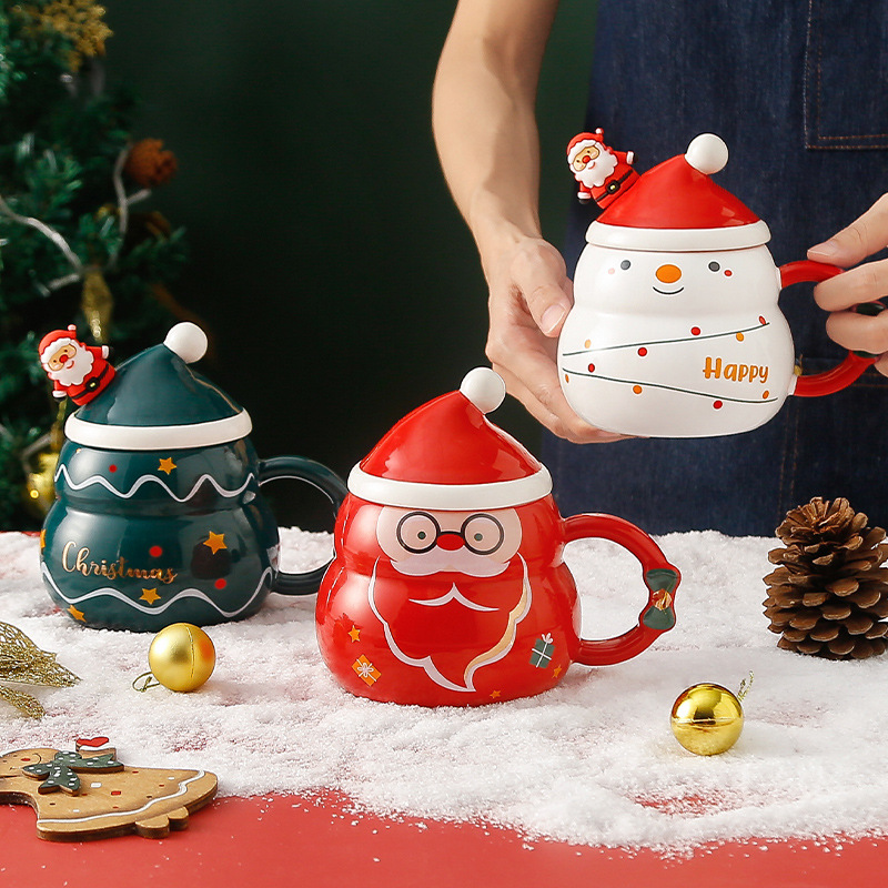 Creative Christmas Gift Ceramic Cup with Lid and Spoon Large Capacity Snowman Mug Santa Claus Water Cup Cross Border