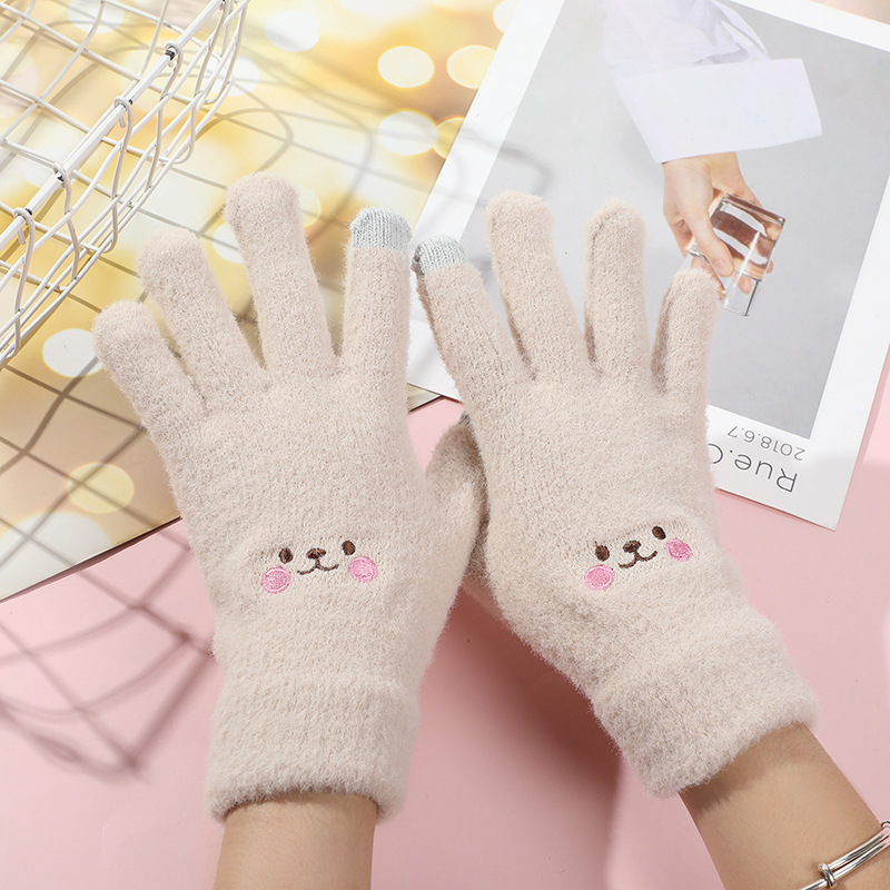 Winter gloves winter warm cute women's smiley face fleece-lined thickened knitted Korean wool plush gloves wholesale