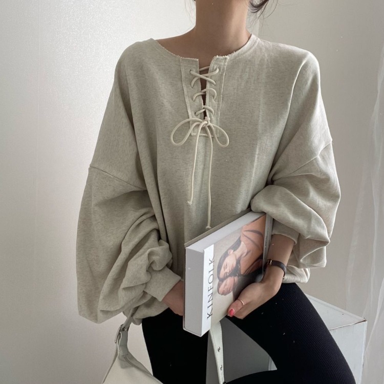 South Korea chic autumn and winter New retro lace-up pullover lantern sleeve sweater loose age-reducing top women's all-match niche