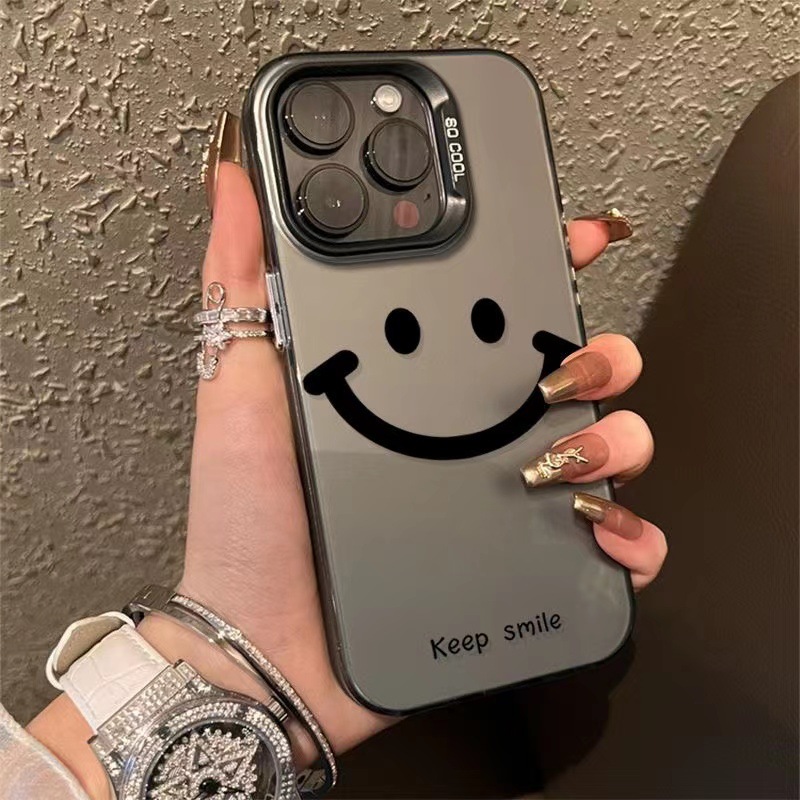 簡約笑臉金屬按鍵蘋果15promax手機殼iPhone14pro12/11磨砂xr軟潮
