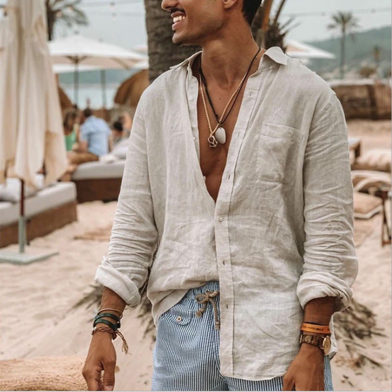 2023 foreign trade Europe and the United States cross-border Men's new wish men's long sleeve button cotton shirt lapel cardigan