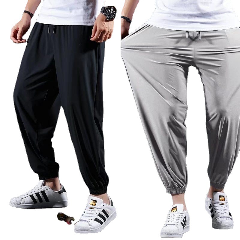 Stretch Casual Pants Ice Silk Quick-drying Men's Summer Thin Sports Pants for Fatty Plus Size Loose Leg Ankle-length Pants
