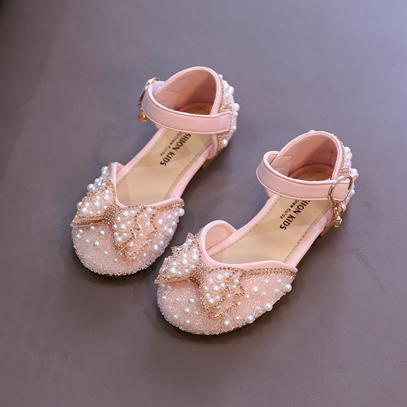 Girls' Sandals 2024 Spring and Summer New Pearl Soft Sole Children's Shoes Big Children's Princess Shoes Spring Girls Leather Shoes