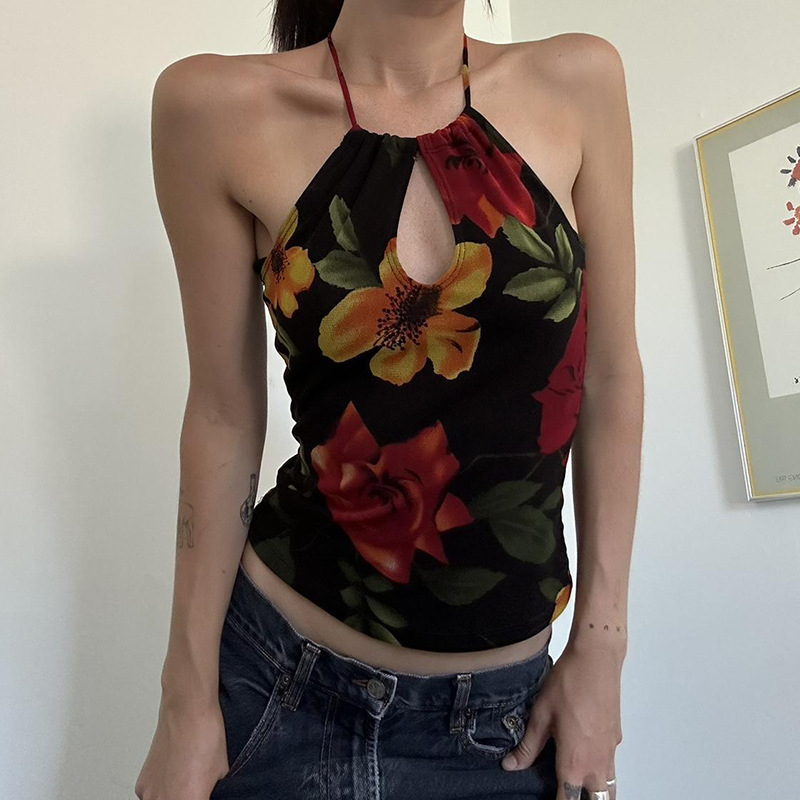 2024 Cross-border New Retro Floral Printed Neck Small Sling Female Spice Girl Slim-fit Hollow-out Lace-up Knitted Top