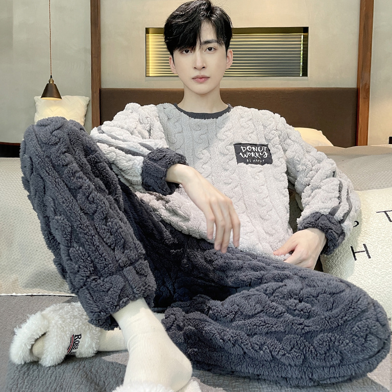 Men's pajamas coral fleece autumn and winter fleece-lined thickened men's winter warm flannel home wear suit