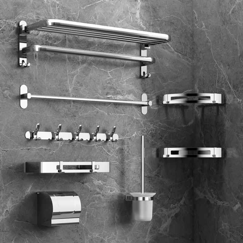 Towel rack stainless steel non-perforated bath towel toilet bathroom rack wall-mounted bathroom hardware pendant set