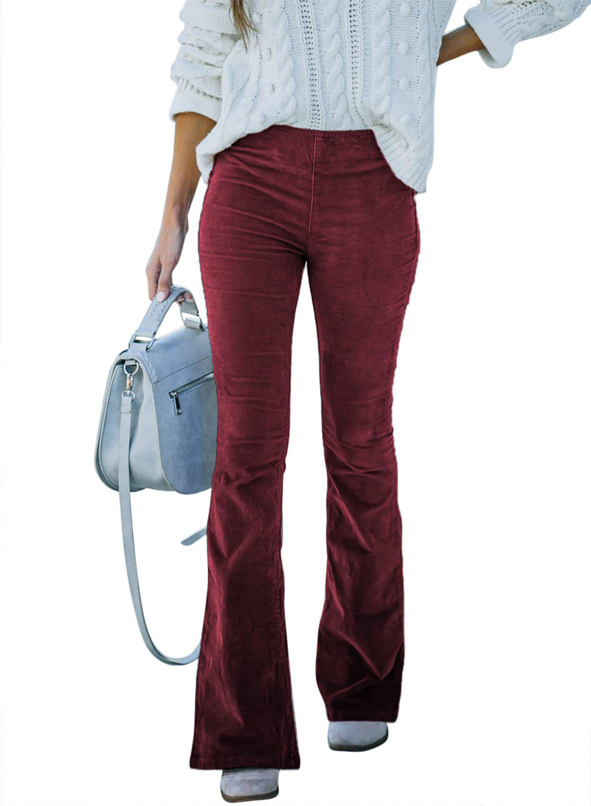 Cross-border 2023 Spring and Summer Women's Solid Color High-waist Slim-fit Micro-flared Pants Corduroy Elastic Waist Casual Pants