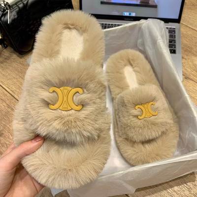 Trendy Brand Fluffy Slippers Women's 2023 New Metal Buckle Slide Spring and Autumn Home Cotton Slippers Summer Outer Wear Hair Half Slippers