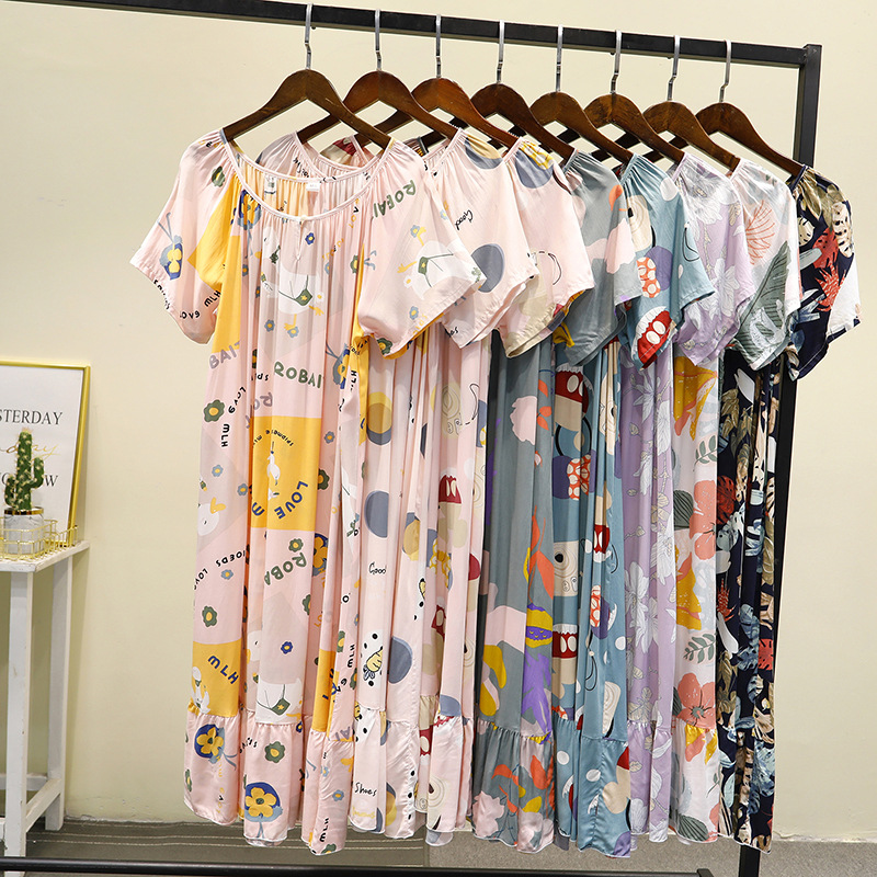 New Spring and Summer Women's Nightdress Full Cotton Cotton Silk Short Sleeve Fat Sister Skirt Generous Round Neck Flower Sexy Long Dress