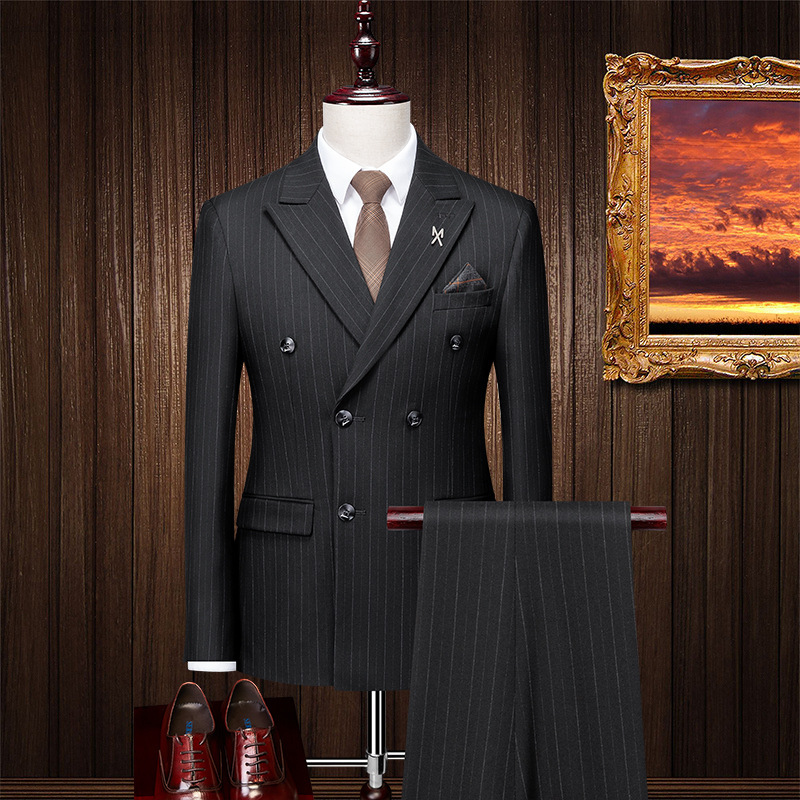 Groom Suit Men's Wedding Dress Korean Style Slim-fit Striped Double-breasted Suit Men's Suit Four Seasons Formal Suit