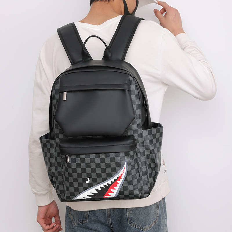 Cross-border fashion shark backpack, classic grid pattern men's double shoulder bag, outdoor leisure travel storage bag for men