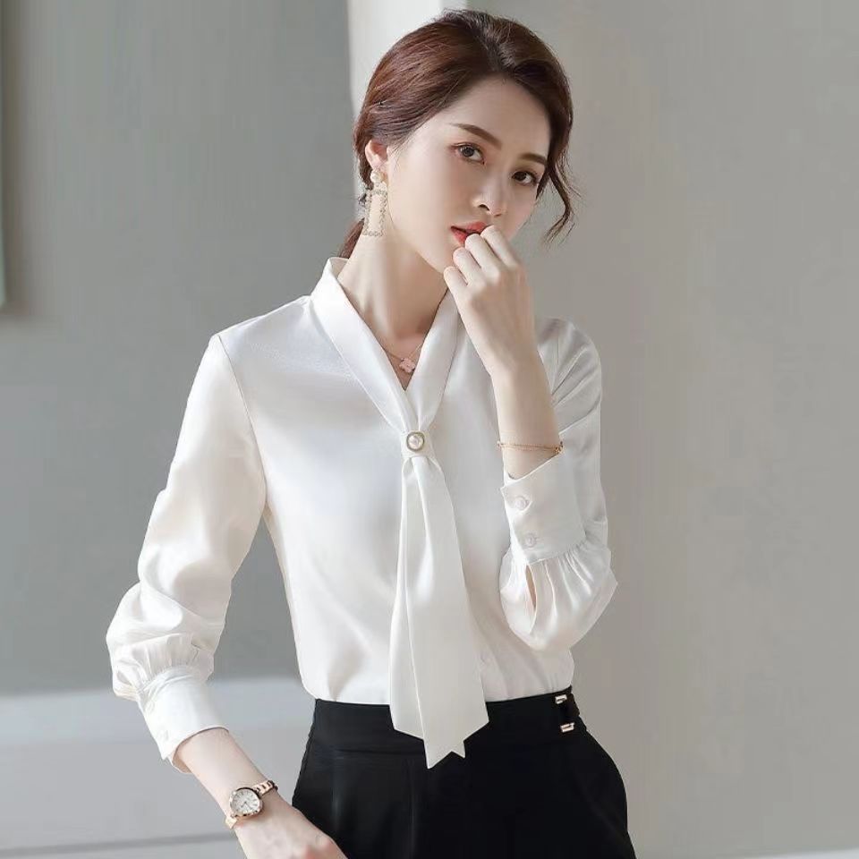 Chiffon Shirt women's new design sense niche top draping temperament long sleeve Spring and Autumn white bow shirt