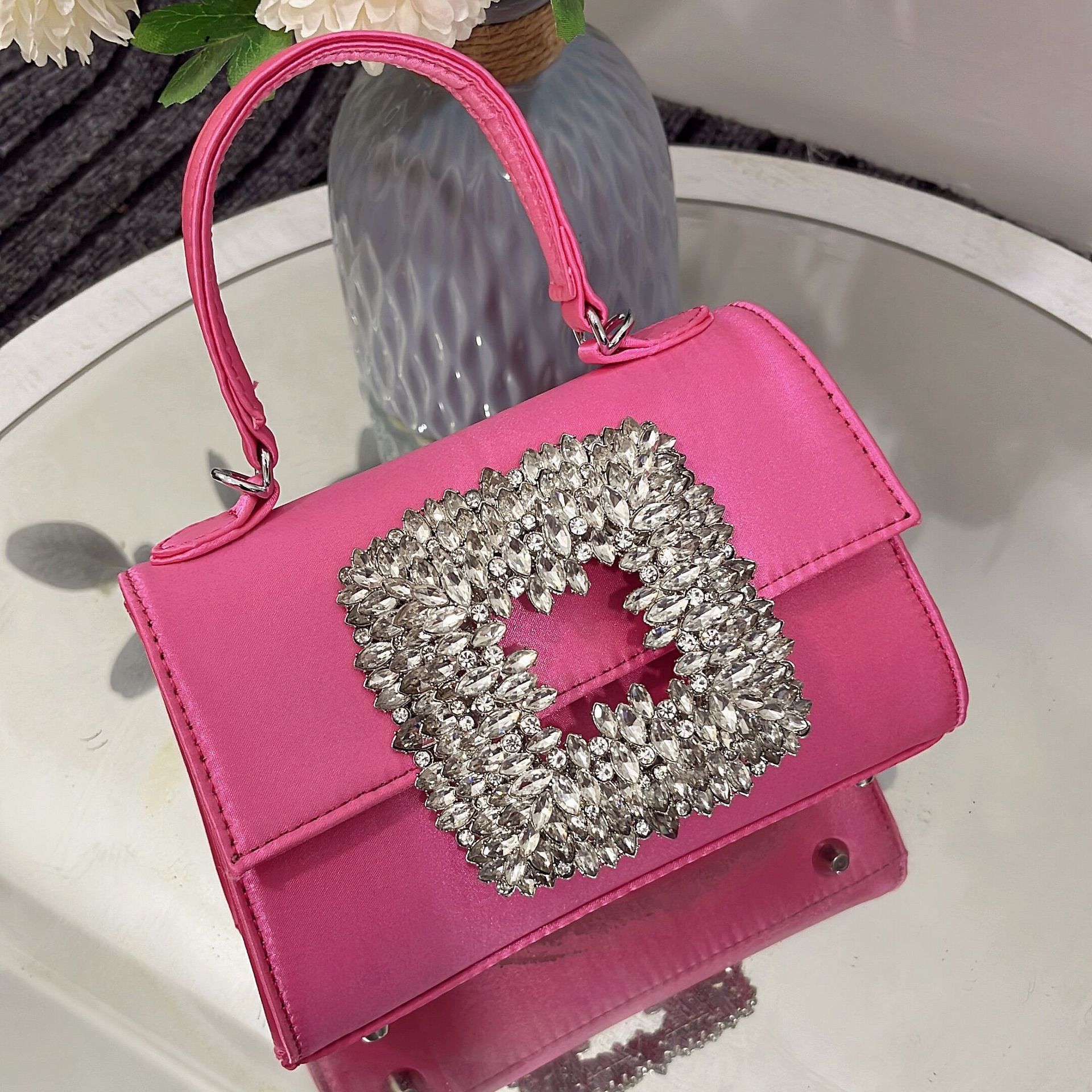 24 New Women's Bag bring Super Flash Diamond Small Square Bag Satin Square Rhinestone Fairy Bag Shoulder Crossbody Handbag