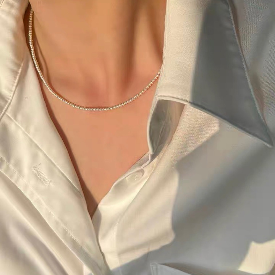 Selected 2mm/3mm Mini Round Pearl 14K Bag Gold Necklace Light Luxury Niche Clavicle Chain