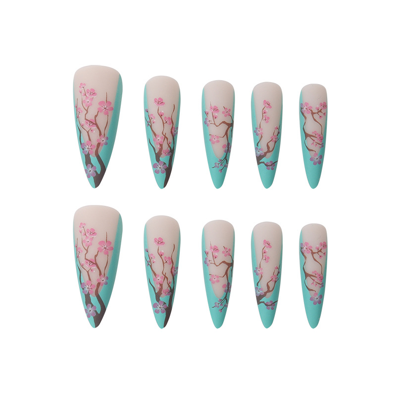 Tiffany Blue Chinese Style Plum Blossom Long Pointed Armor French nail Patch False nail European and American Wear nail