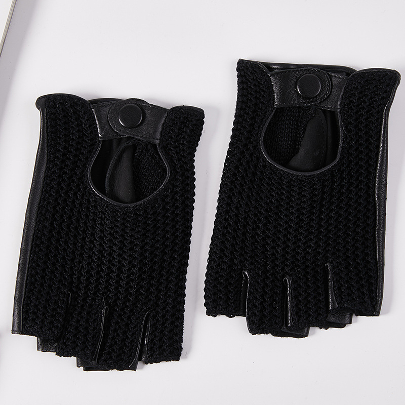 New Men's Half Finger Genuine Leather Gloves Woven Hand Back Autumn and Winter Anti-slip Motorcycle Motorcycle Sheepskin Thin_voghion.com