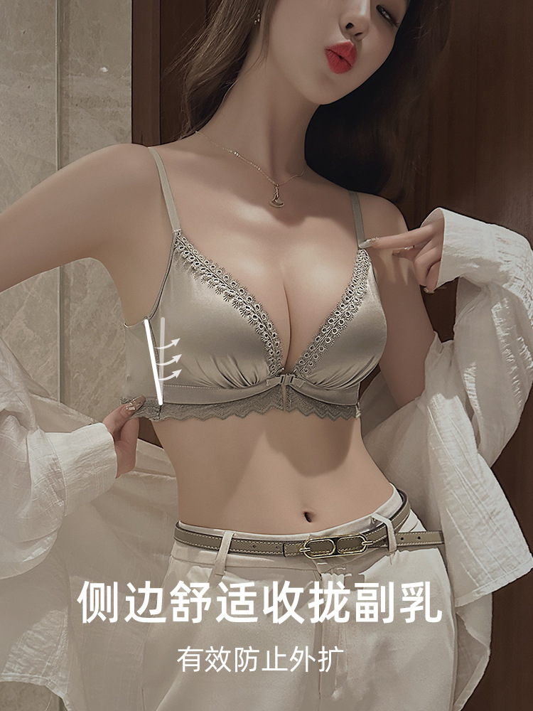 Front-button underwear for women with small breasts, thickened and enlarged, secondary breasts, anti-sagging, cross-over back-beautiful bra set, non-cupping