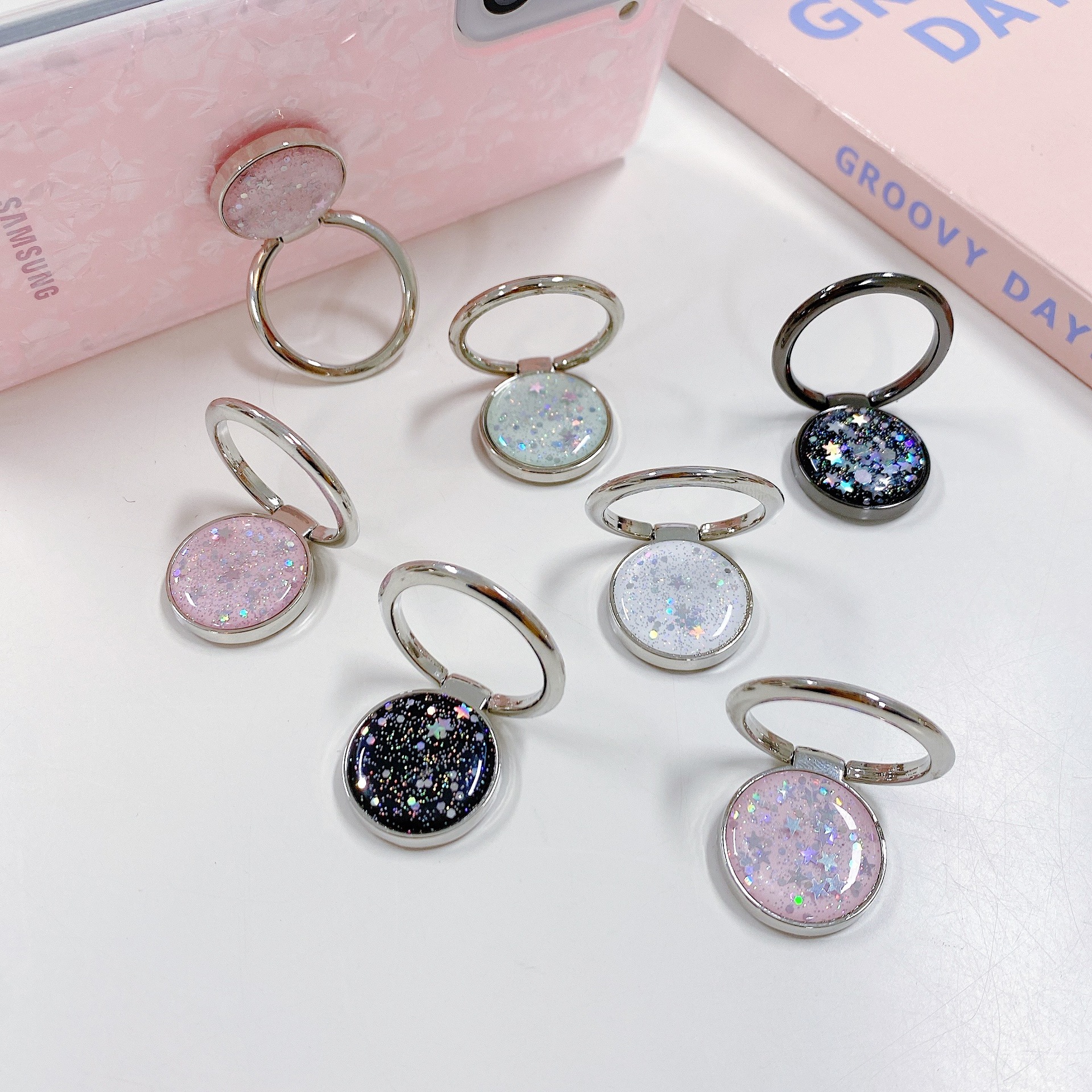 For new star round mobile phone tablet desktop bracket glitter shell pattern ring buckle 360 rotating in stock