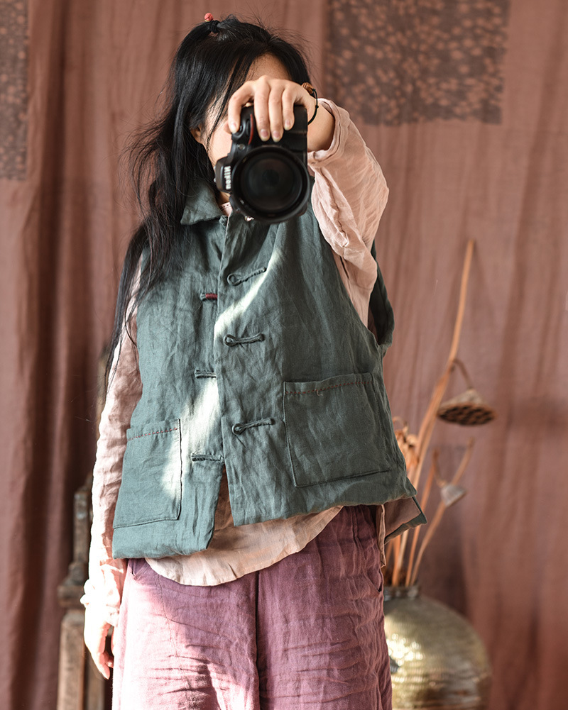 Simo/vêtements pour femmes en coton et lin faits maison gilet en coton à boucle en lin lavé au sable de haute qualité gilet en coton à enroulement rétro_voghion.com