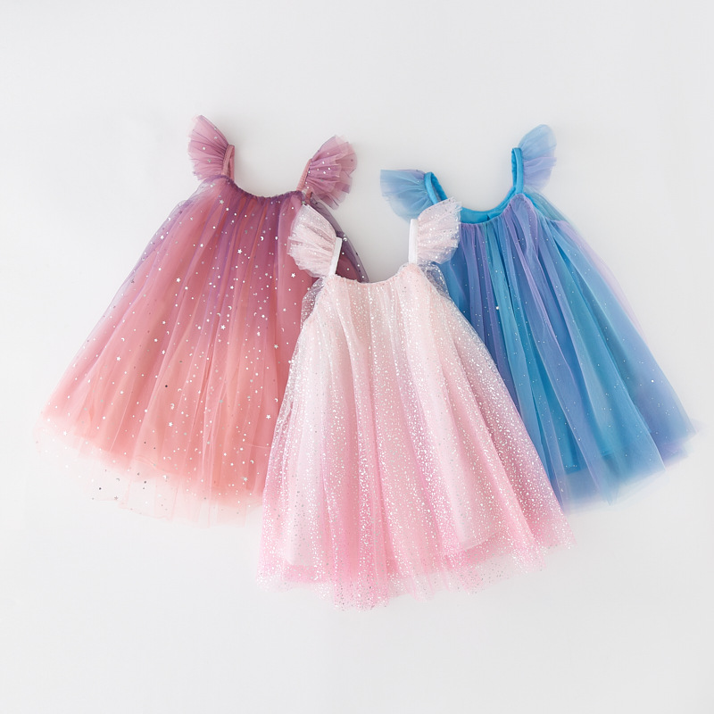 Girls' bow hair accessories mesh dress new children's stage dress flower girl princess dress sequined rainbow dress