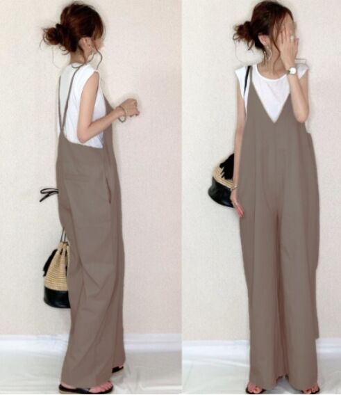 Cross-border Trade Jumpsuit 2024 Summer New Japanese Women's Sling Pants Solid Color Casual Loose Wide-leg Pants