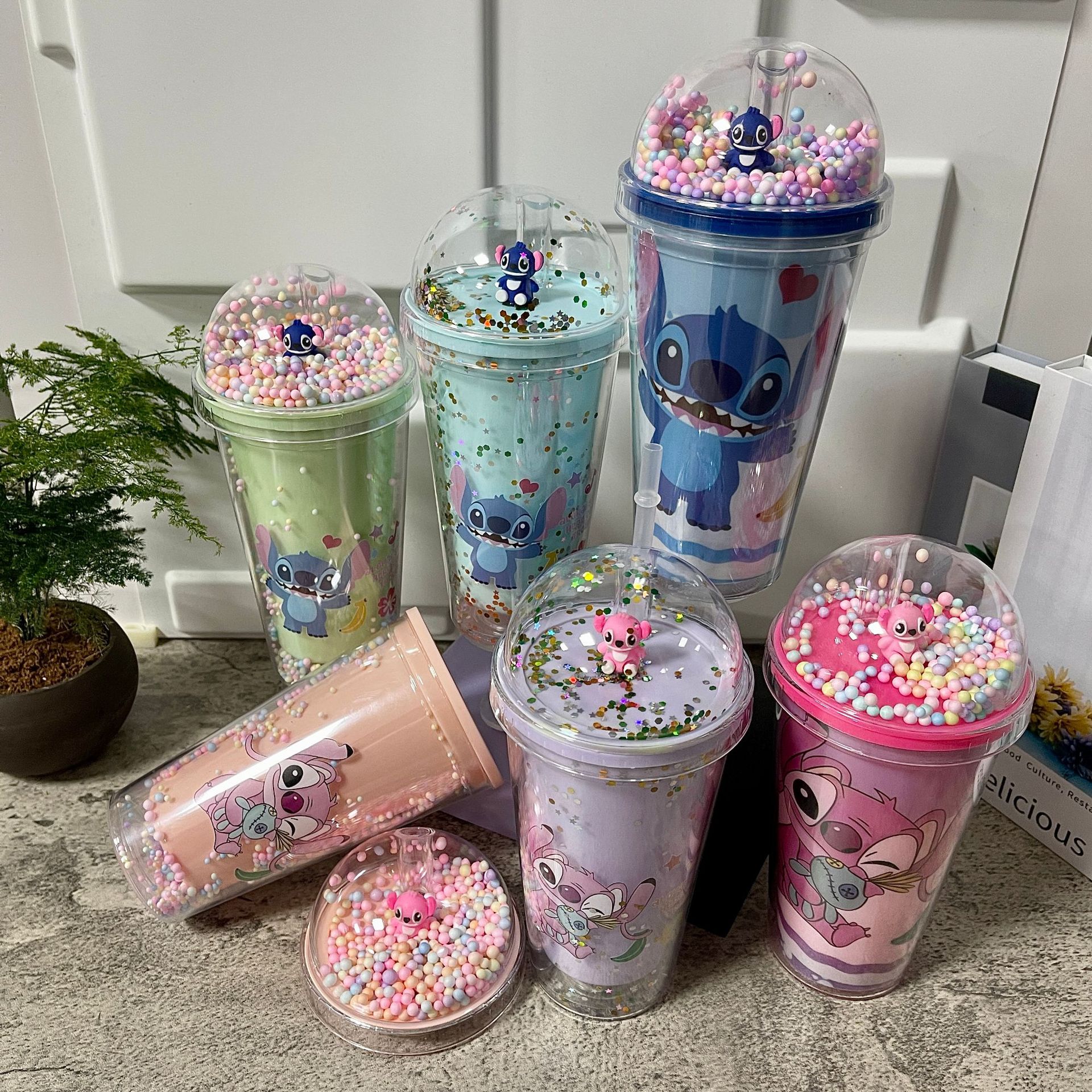 Cross-border new high-looking stitch cartoon plastic water cup straw Cup double-layer Cup sequin ice crushing Cup