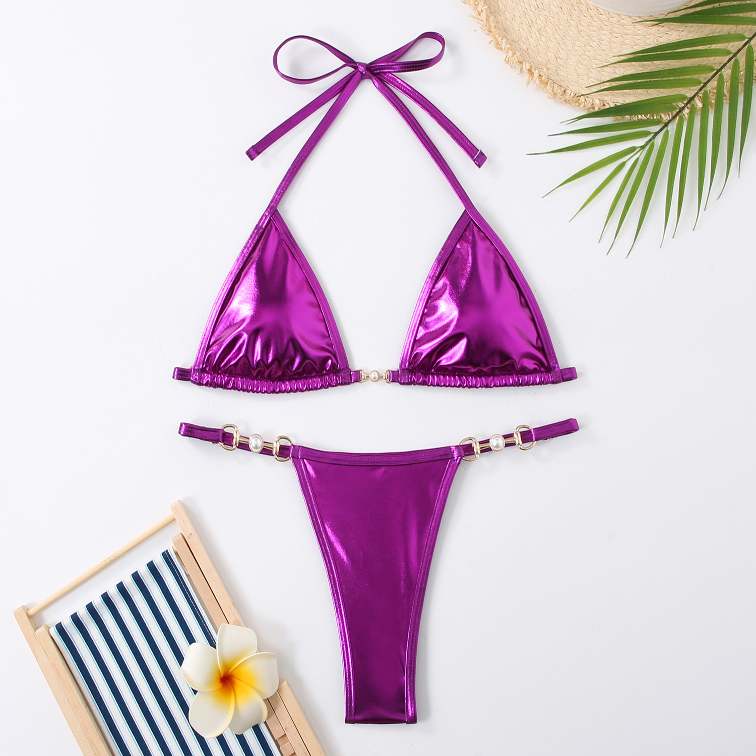 Yiqi new European and American Brazilian Foreign Trade swimsuit women's split pearl pendant connection reflective glossy fabric bikini