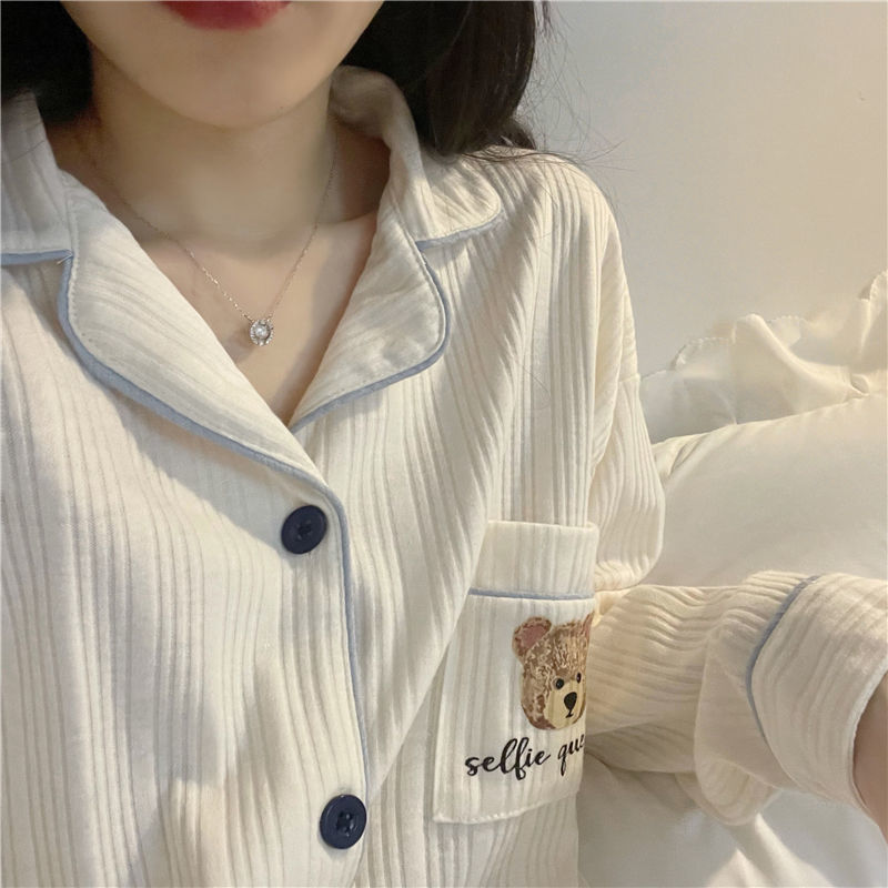 Japanese style pajamas women's autumn and winter cardigan ins sweet simple student bear cute cartoon spring home wear suit